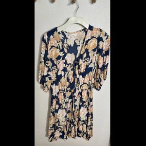 Kivari Briar Floral Tie Front Mini Dress Navy Peach Tiered Medium